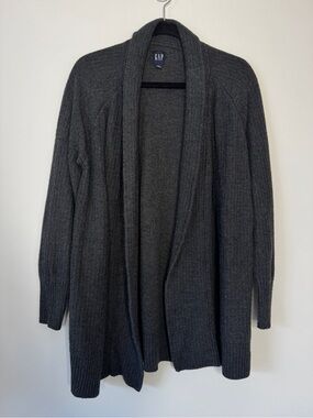 Gap Cardigan Sweater Charcoal Gray Rib Knit Open Front Long Line Merino Wool M